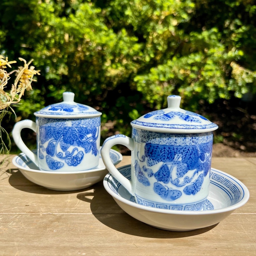 Vintage Oriental Blue & White Cup and Saucers w/ Lids | Set of 2